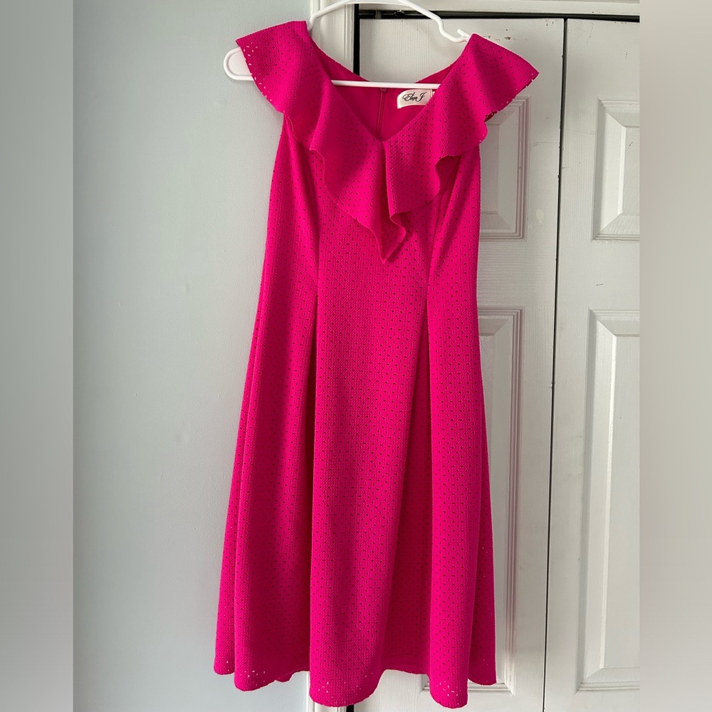Eliza J Bright Pink Perforated Flare Dress Ruffle Neck - Size 2